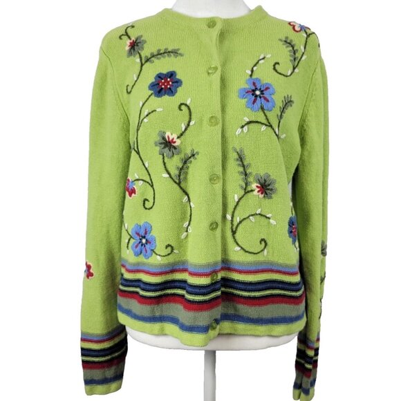 Womens GrandmaCore Retro Floral Cardigan Sweater Green Blues Ramie Knit Petite M - Picture 1 of 9